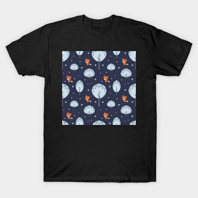 Winter Pattern with Foxes and Birds T-Shirt by labatchino